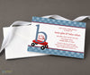 boy baby shower invitation with blue polka dot background and red wagon detail, printed on cardstock