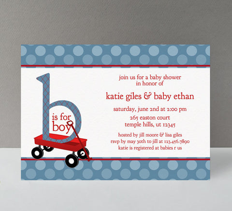 boy baby shower invitation with blue polka dot background and red wagon detail