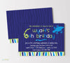 reptile or lizard themed birthday party invitation with blue background, green accents, lizard and snake graphics, double sided
