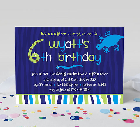 reptile or lizard themed birthday party invitation with blue background, green accents, lizard and snake graphics