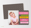 girl birthday invitation with photo on left and pink ribbons on right side with party details on them, double sided