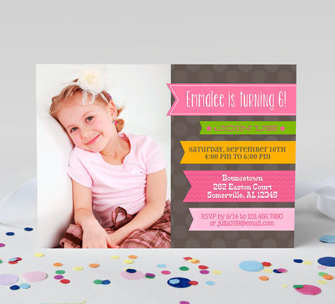 girl birthday invitation with photo on left and pink ribbons on right side with party details on them