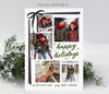 portrait oriented holiday card with five photos, holiday wording and a black ribbon on a white background