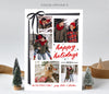 portrait oriented holiday card with five photos, holiday wording and a black ribbon on a white background