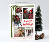 portrait oriented holiday card with five photos, holiday wording and a green ribbon on a white background