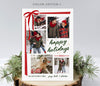 portrait oriented holiday card with five photos, holiday wording and a red ribbon on a white background