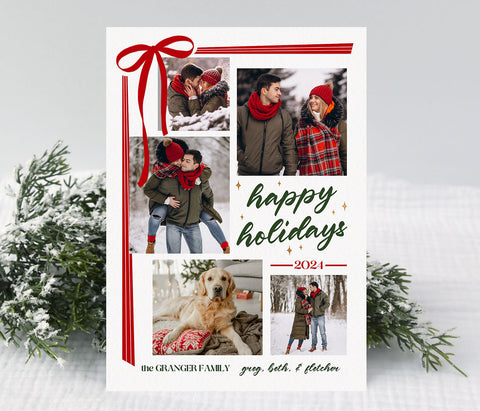 portrait oriented holiday card with five photos, holiday wording and a red ribbon on a white background