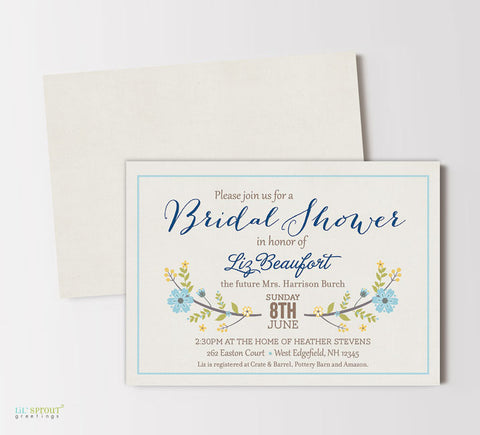 rustic bridal shower invitation with tan background, light blue and yellow floral accent and navy and brown text