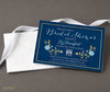 rustic bridal shower invitation with navy blue background, light blue and yellow floral accent and white text, printed on cardstock