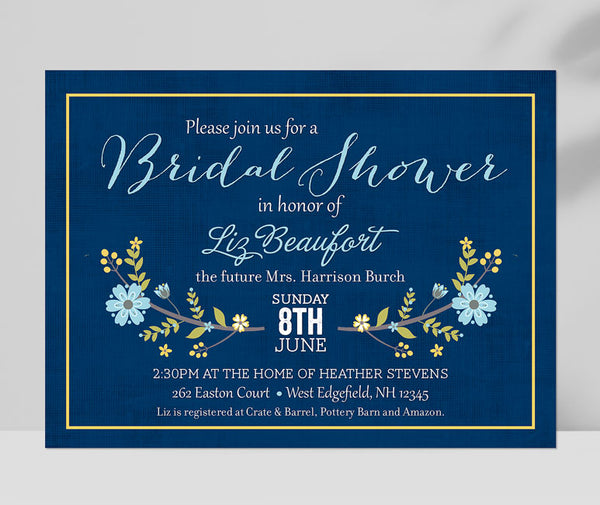 rustic bridal shower invitation with navy blue background, light blue and yellow floral accent and white text