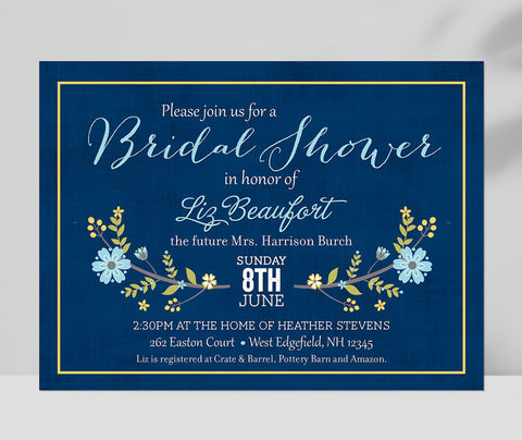 rustic bridal shower invitation with navy blue background, light blue and yellow floral accent and white text