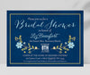 rustic bridal shower invitation with navy blue background, light blue and yellow floral accent and white text