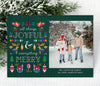 landscape oriented holiday card with a green background, colorful scandinavian holiday graphics on left side and a single  photo on right