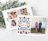 landscape oriented holiday card with a white background, colorful scandinavian holiday graphics on left side and a single  photo on right