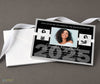 graduation announcement in landscape format with three senior photos, black background and gray and white text, printed with a stack of white envelopes