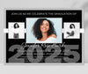 graduation announcement in landscape format with three senior photos, black background and gray and white text