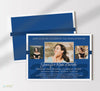 graduation announcement in landscape format with three senior photos, bue background and white text