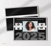 graduation announcement in landscape format with three senior photos, black background and gray and white text