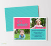 shared birthday party invitation for two children with two photos, pink and turquoise text boxes with navy blue accents