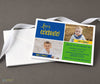 shared birthday party invitation for two children with two photos, green and blue text boxes with yellow accents, printed on cardstock