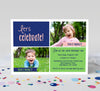 shared birthday party invitation for two children with two photos, green and blue text boxes with pink accents