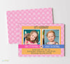 joint birthday party invitation for two girls with pink polka dots with two photos and ribbon detail