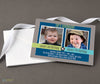 joint birthday party invitation for two boys with  gray background, blue and green accents with two photos and ribbon detail