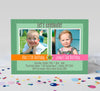 joint birthday party invitation for siblings in gender neutral green color with two photos and ribbon detail