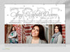 three photo graduation announcement in a horizontal format with white background, silver text and silver confetti details