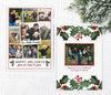 portrait oriented collage style christmas card with a white background, nine photos and holly graphics at bottom, double sided card