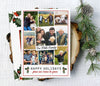 portrait oriented collage style christmas card with a white background, nine photos and holly graphics at bottom