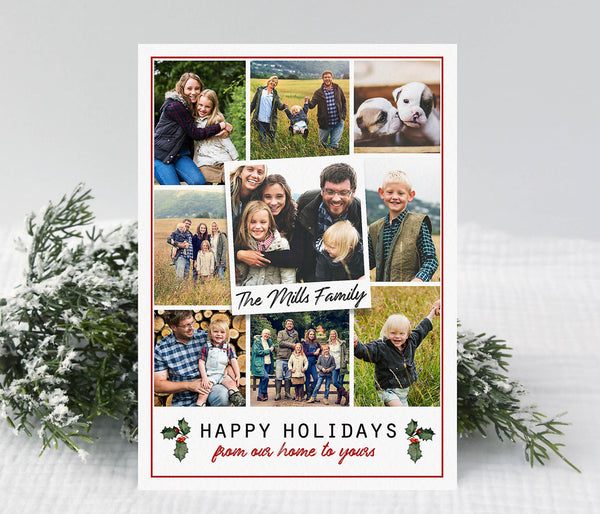 portrait oriented collage style christmas card with a white background, nine photos and holly graphics at bottom