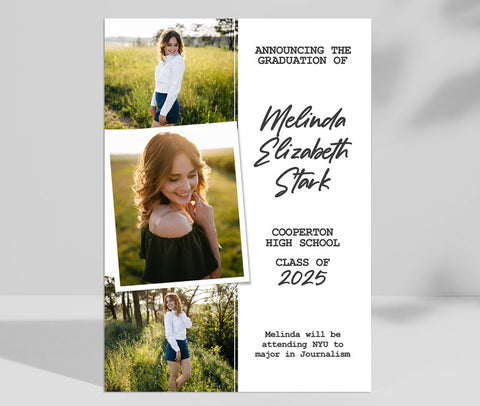 modern graduation invitation with three photos along left side, black text on a simple white background along right side, portrait orientation