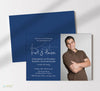 simple photo graduation announcement in landscape format with photo on right side, blue background on left side with simple white text