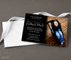 simple photo graduation announcement in landscape format with photo on right side, black background on left side with simple white text, printed with stack of white envelopes