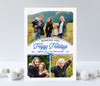 portrait oriented holiday card with 3 photos, white background and blue ribbon detail