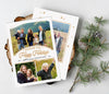 portrait oriented holiday card with 3 photos, white background and gold ribbon detail