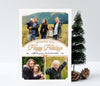 portrait oriented holiday card with 3 photos, white background and gold ribbon detail