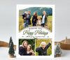 portrait oriented holiday card with 3 photos, white background and green ribbon detail