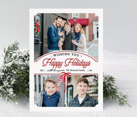 portrait oriented holiday card with 3 photos, white background and red ribbon detail