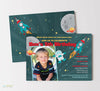 space astronaut themed birthday invitation with a single photo on left, astronaut, rocket, moon graphics, teal background, double sided