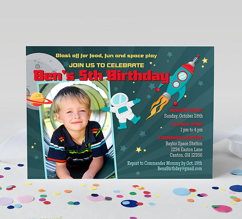 space astronaut themed birthday invitation with a single photo on left, astronaut, rocket, moon graphics, teal background