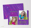 joint birthday party invitation for two children with photos, purple background and pink paint splatter details