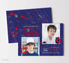 joint birthday party invitation for two children with photos, blue background and red paint splatter details