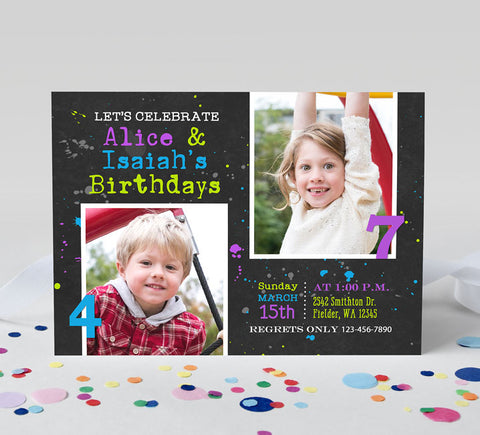 joint birthday party invitation for two children with photos, black background and blue purple and green paint splatter details