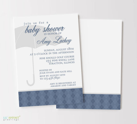 baby sprinkle invitation with blue argyle bottom pattern, gray umbrella and blue text, double sided