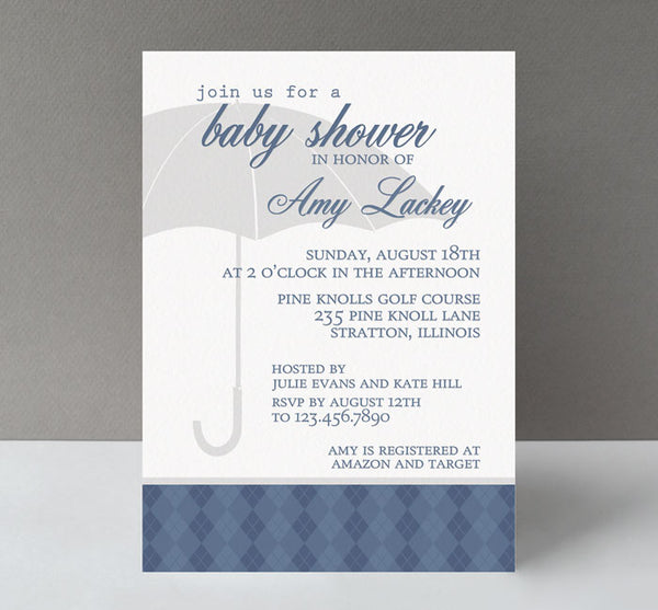 baby sprinkle invitation with blue argyle bottom pattern, gray umbrella and blue text