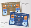 fall birthday invitations for two boys with stacked pumpkins in shades of blue and orange