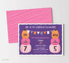 fall birthday invitation for two girls with purple background, pink and orange pumpkins and bunting and striped back 