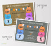 fall birthday invitation for two children, a boy and a girl with stacked pumpkins in shades of blue and shades of pink or purple